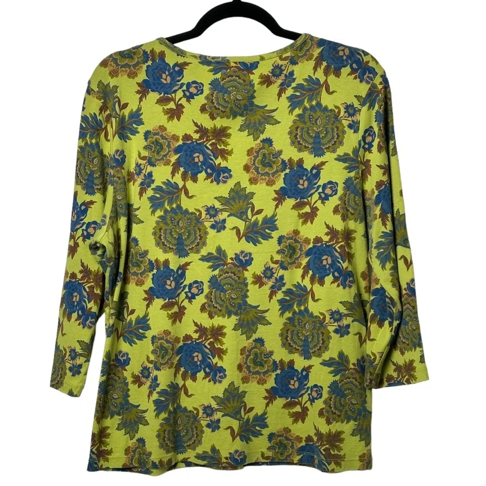 First Issue Size XL Chartreuse Bohemian Print Top Sequin Trim 3/4 Sleeve Y2K - Picture 2 of 9